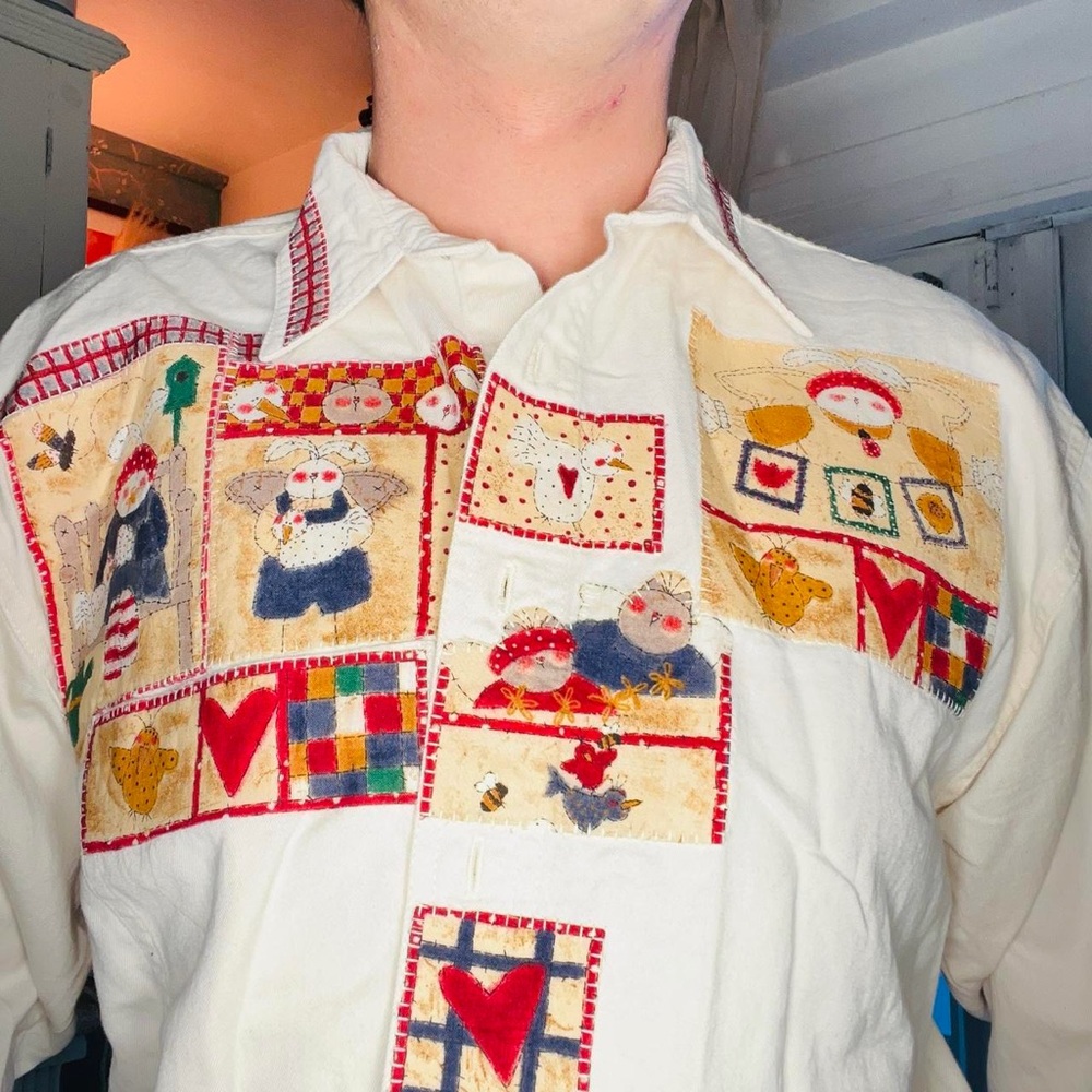 Source Unknown Cream Button-Down Shirt With Red A… - image 1